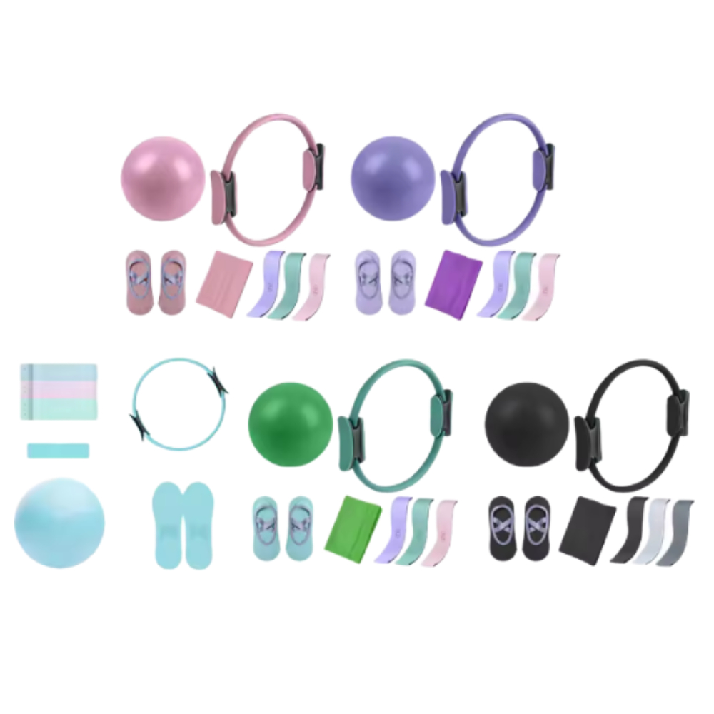 Pilates Ring Magic - ชุดอุปกรณ์พิลาทิส 5 ชิ้น พร้อมวงแหวนพิลาทิสสำหรับบริหารกล้ามเนื้อและยางยืดออกกำลังกาย ชุดวงแหวนพิลาทิสสำหรับผู้หญิงเริ่มต้นฝึกบริหารกล้ามเนื้อ