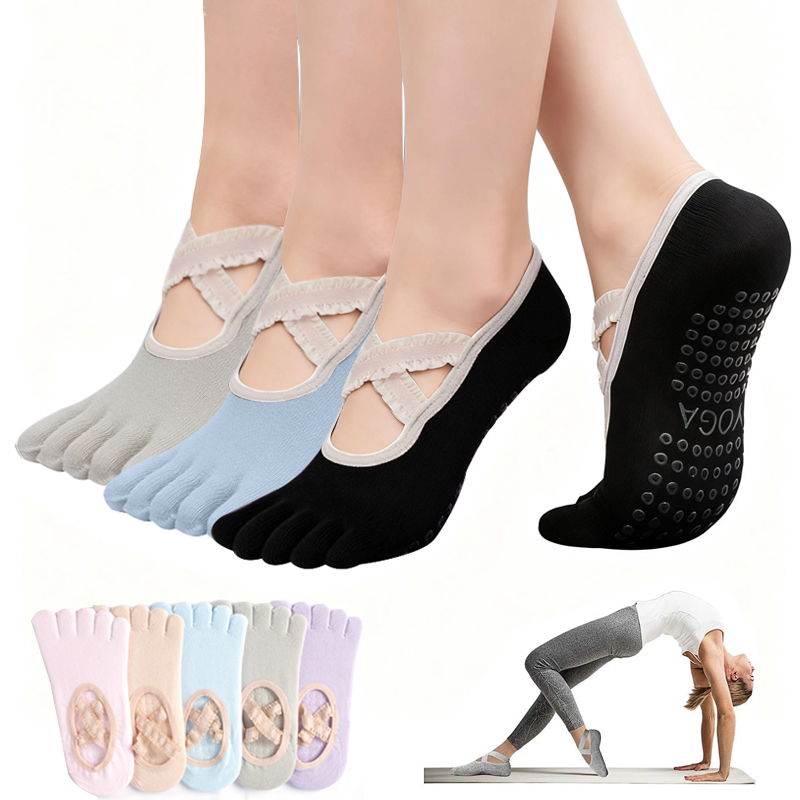 Pilates Yoga Grip Socks - ถุงเท้าพิลาทิสกันลื่นสำหรับผู้หญิง ถุงเท้าโยคะแบบผูกเชือก ถุงเท้ากีฬาฟิตเนสระบายอากาศ ถุงเท้าบัลเลต์สำหรับสตูดิโอพิลาทิส