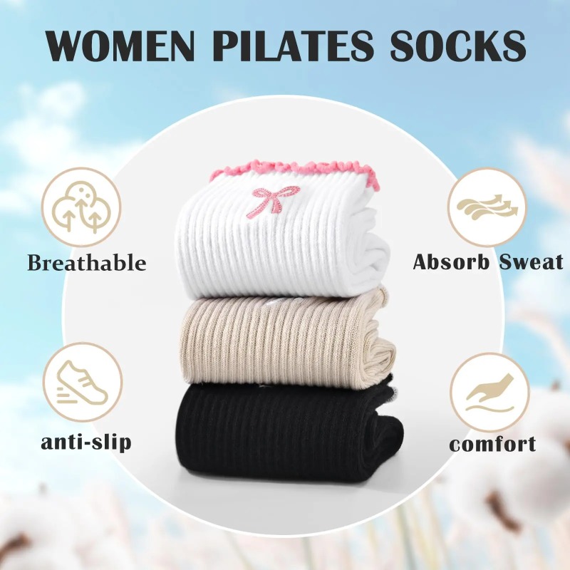 Pilates & Yoga Studio Alineacion - ถุงเท้าโยคะมืออาชีพ สายรัดผ้าฝ้าย ซิลิโคนกันลื่น สำหรับพิลาทิส ฟิตเนส และการเต้นบนพื้น