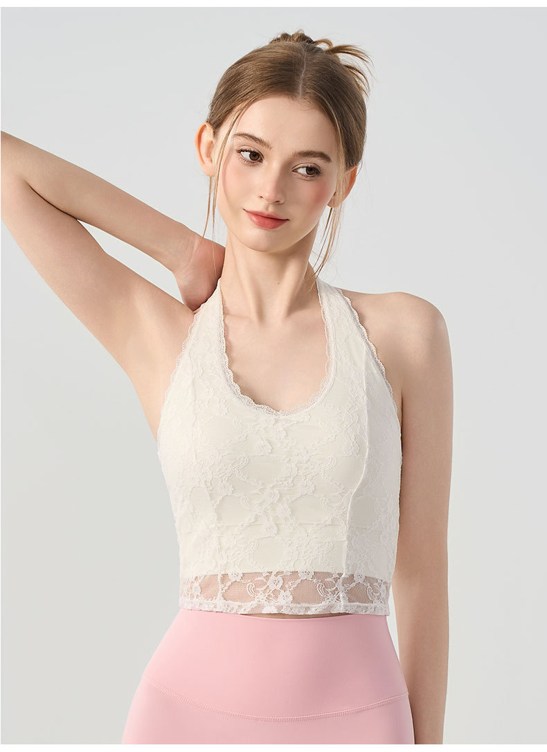 Pilates V Yoga - เสื้อกล้ามออกกำลังกายผู้หญิงแบบเซ็กซี่ คอวี แต่งลูกไม้ มีฟองน้ำเสริมหน้าอก เปิดหลัง ไร้แขน